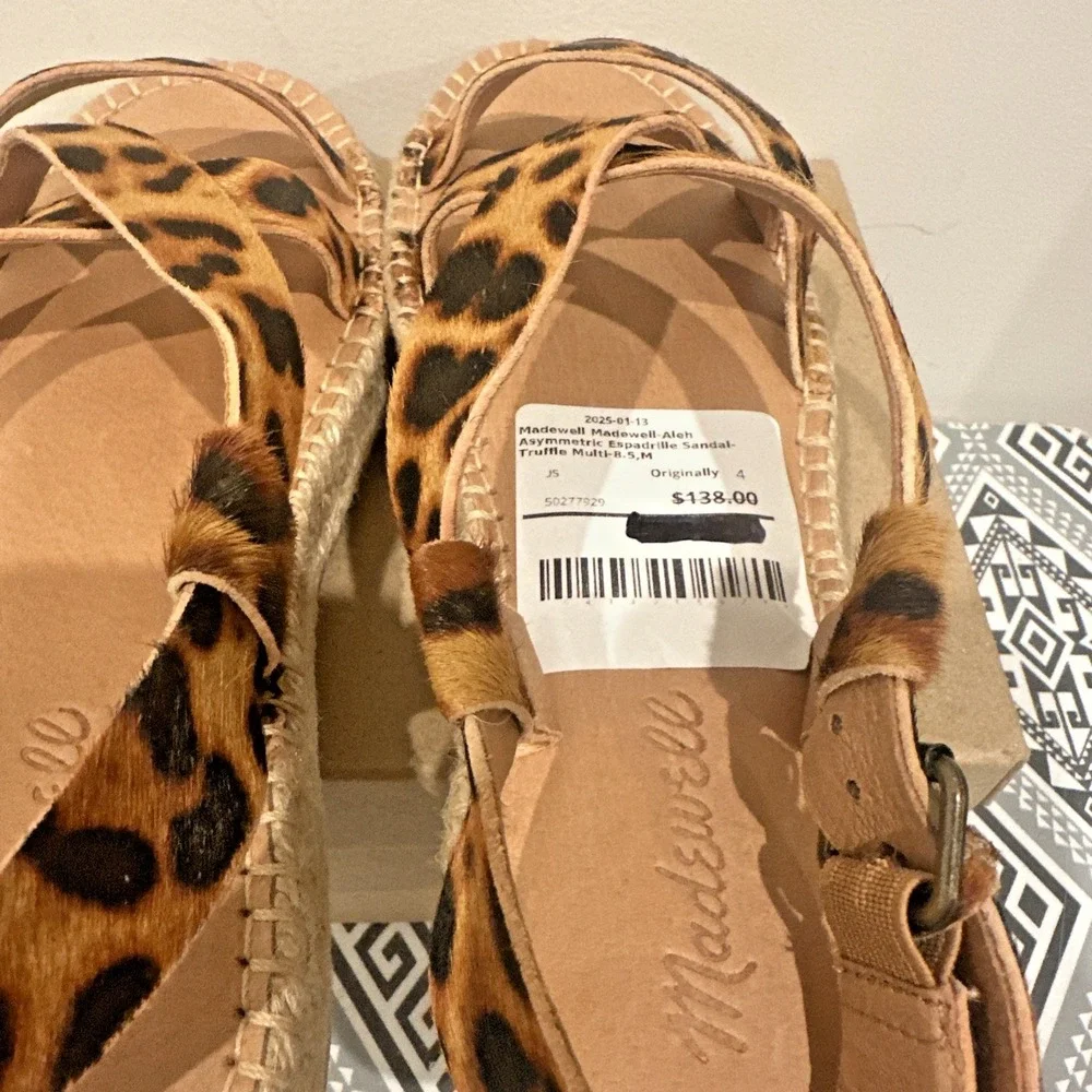 Madewell Size 8.5 Malia Asymmetrical Espadrille Sandal Truffle Leopard Calf Hair